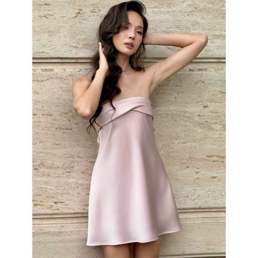 Zara Solid Satin Strapless Backless Spring Dress
